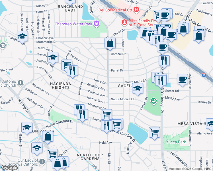 map of restaurants, bars, coffee shops, grocery stores, and more near 7812 Taxco Drive in El Paso
