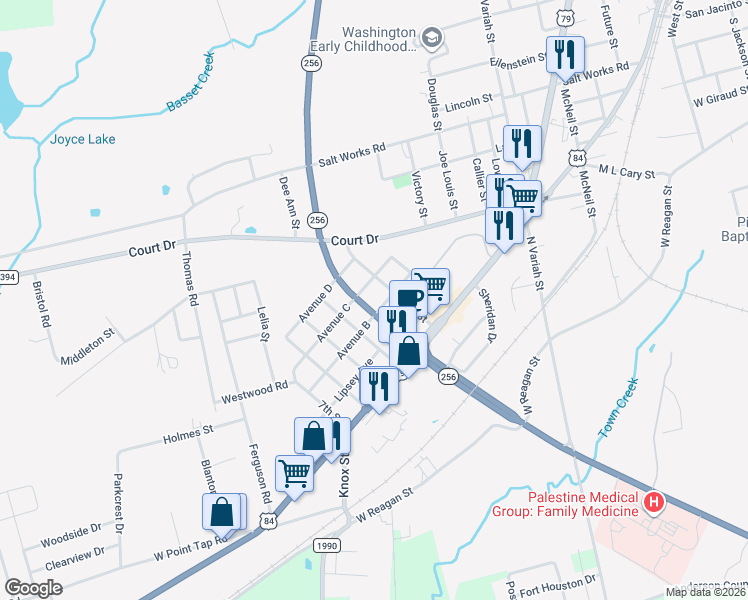 map of restaurants, bars, coffee shops, grocery stores, and more near 304 Texas 256 Loop in Palestine