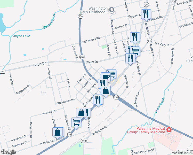 map of restaurants, bars, coffee shops, grocery stores, and more near 304 Texas 256 Loop in Palestine