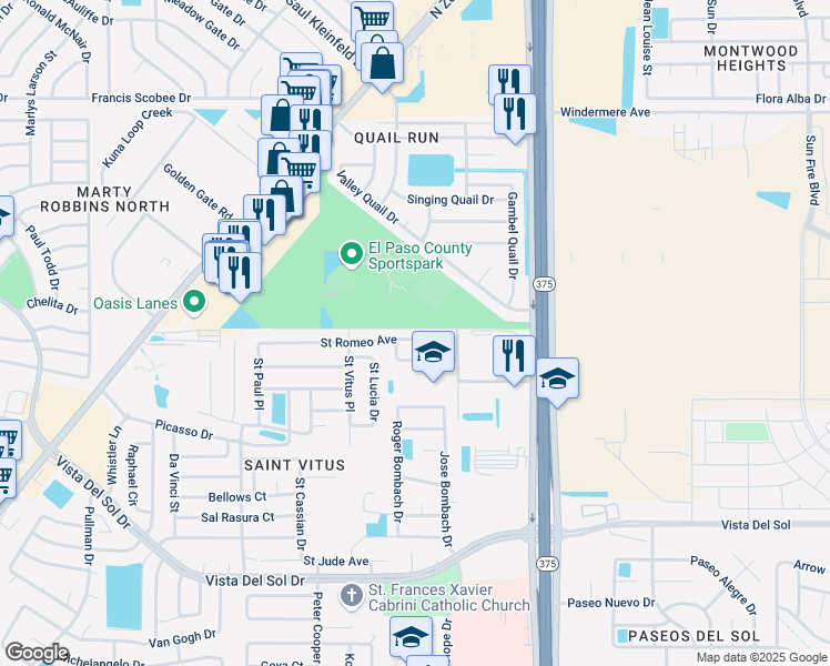 map of restaurants, bars, coffee shops, grocery stores, and more near 12245 Saint Romeo Avenue in El Paso
