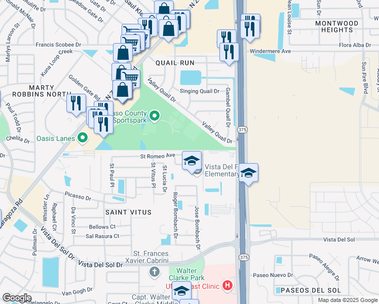 map of restaurants, bars, coffee shops, grocery stores, and more near 12245 St.Romeo Avenue in El Paso