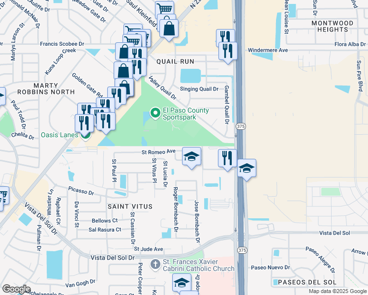 map of restaurants, bars, coffee shops, grocery stores, and more near 12245 Saint Romeo Avenue in El Paso