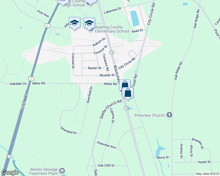 map of restaurants, bars, coffee shops, grocery stores, and more near 708 Miles Road in Baxley