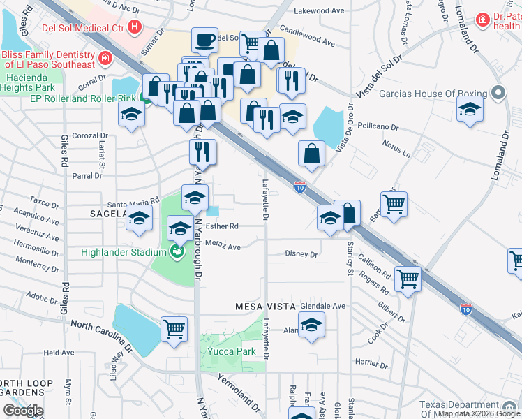 map of restaurants, bars, coffee shops, grocery stores, and more near 1205 Lafayette Drive in El Paso