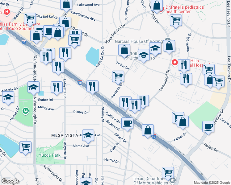map of restaurants, bars, coffee shops, grocery stores, and more near 1111 Barranca Drive in El Paso