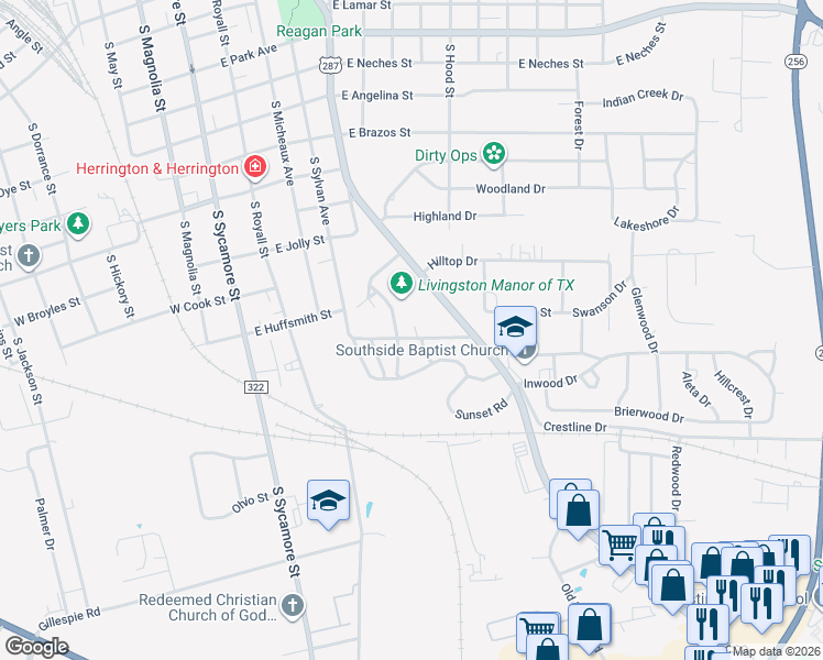 map of restaurants, bars, coffee shops, grocery stores, and more near 602 Gay Avenue in Palestine