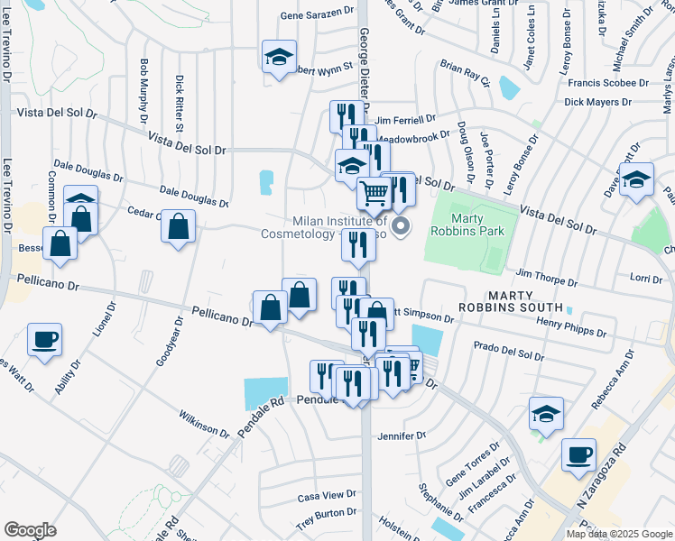 map of restaurants, bars, coffee shops, grocery stores, and more near 1531 George Dieter Drive in El Paso