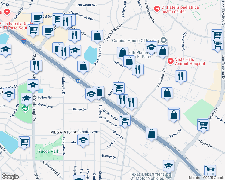 map of restaurants, bars, coffee shops, grocery stores, and more near 1111 Barranca Drive in El Paso
