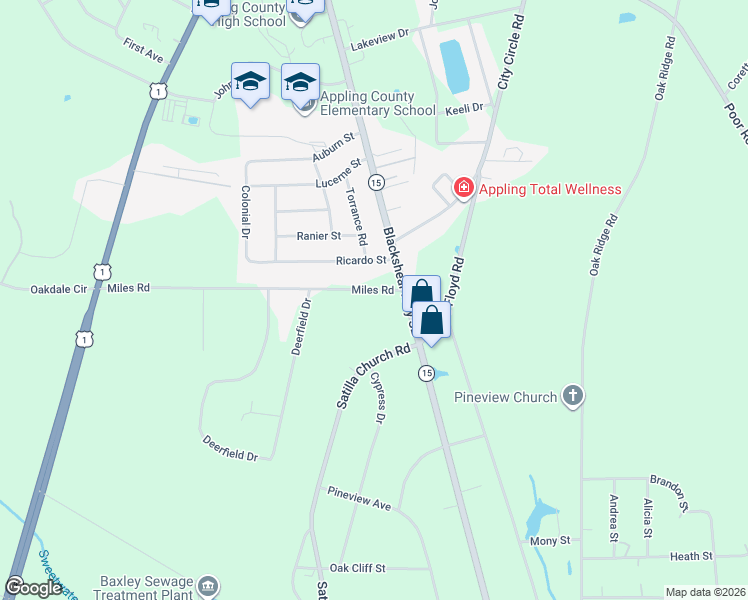 map of restaurants, bars, coffee shops, grocery stores, and more near 708 Miles Road in Baxley