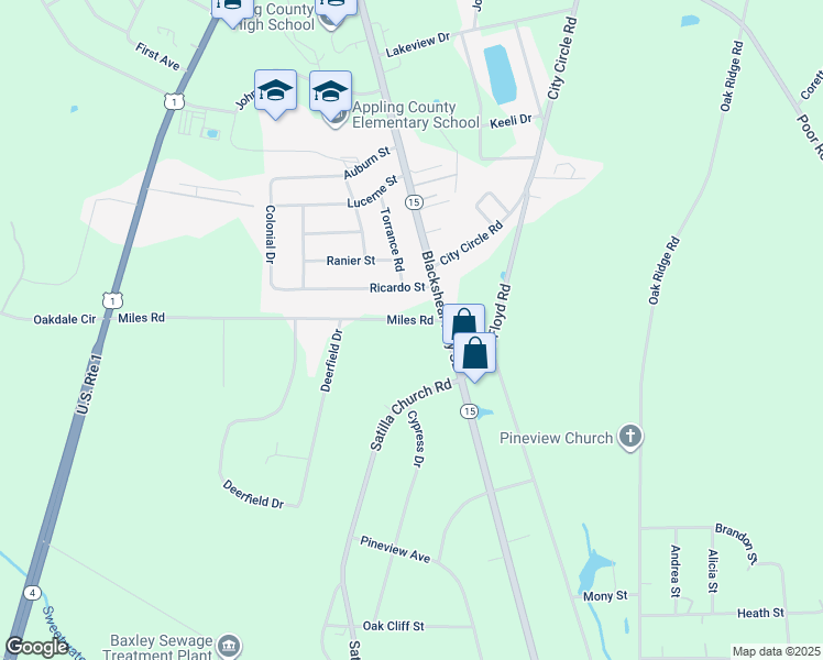 map of restaurants, bars, coffee shops, grocery stores, and more near 708 Miles Road in Baxley