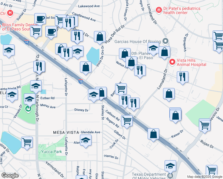 map of restaurants, bars, coffee shops, grocery stores, and more near 1111 Barranca Drive in El Paso