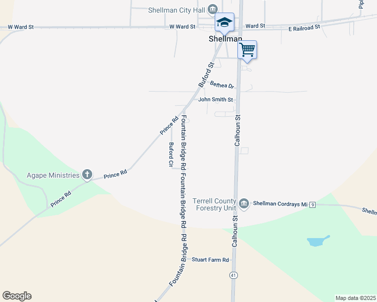 map of restaurants, bars, coffee shops, grocery stores, and more near 2606 Fountain Bridge Road in Shellman