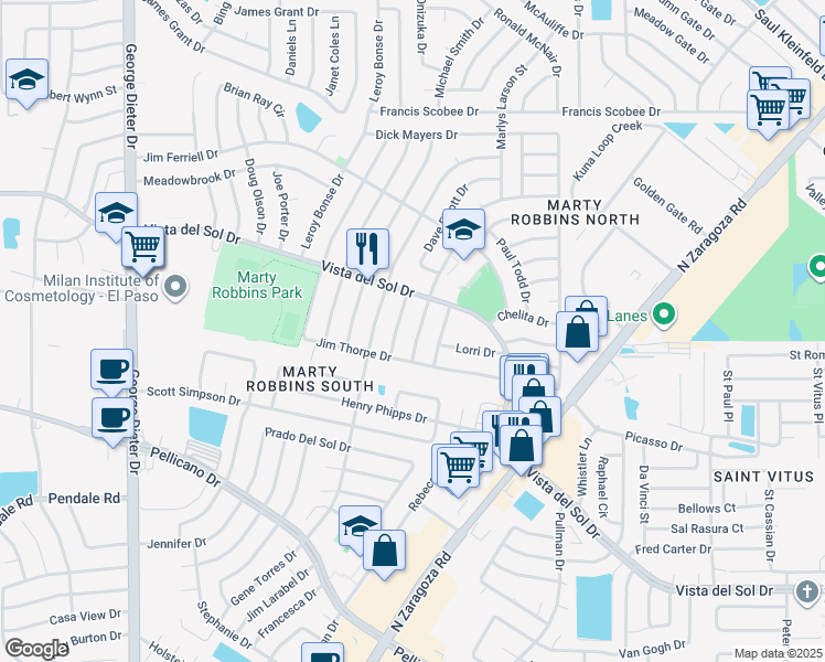 map of restaurants, bars, coffee shops, grocery stores, and more near 1621 Victor Lopez Drive in El Paso