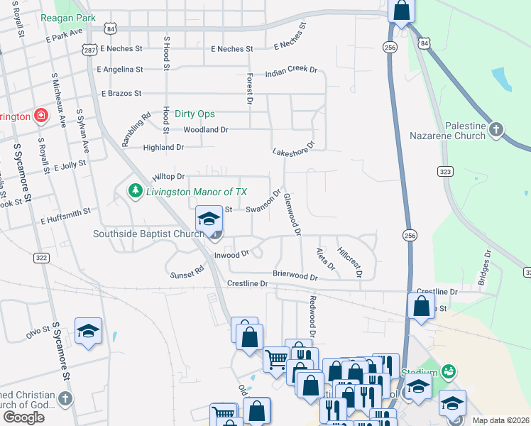 map of restaurants, bars, coffee shops, grocery stores, and more near 203 Redland Lane in Palestine
