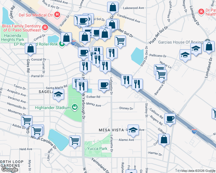 map of restaurants, bars, coffee shops, grocery stores, and more near 1205 Lafayette Drive in El Paso