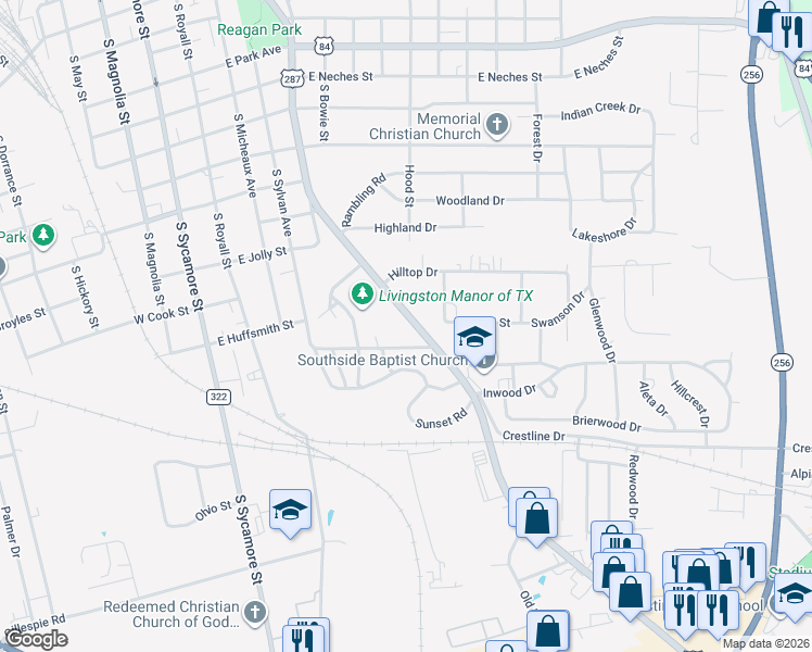 map of restaurants, bars, coffee shops, grocery stores, and more near 901 Wright Drive in Palestine