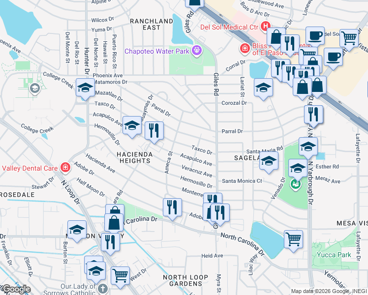 map of restaurants, bars, coffee shops, grocery stores, and more near 7701 Taxco Drive in El Paso