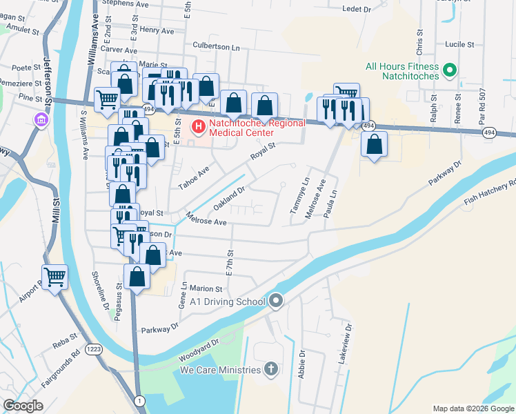 map of restaurants, bars, coffee shops, grocery stores, and more near 108 Starlight Drive in Natchitoches
