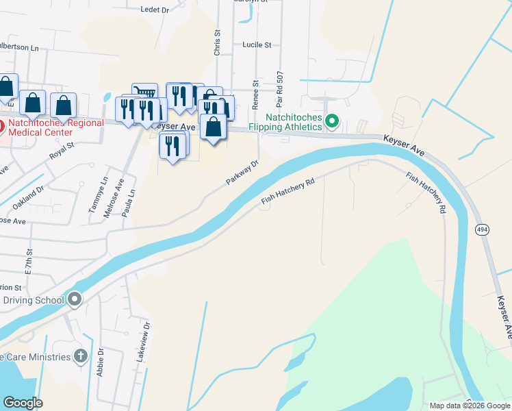 map of restaurants, bars, coffee shops, grocery stores, and more near 601 Fish Hatchery Road in Natchitoches