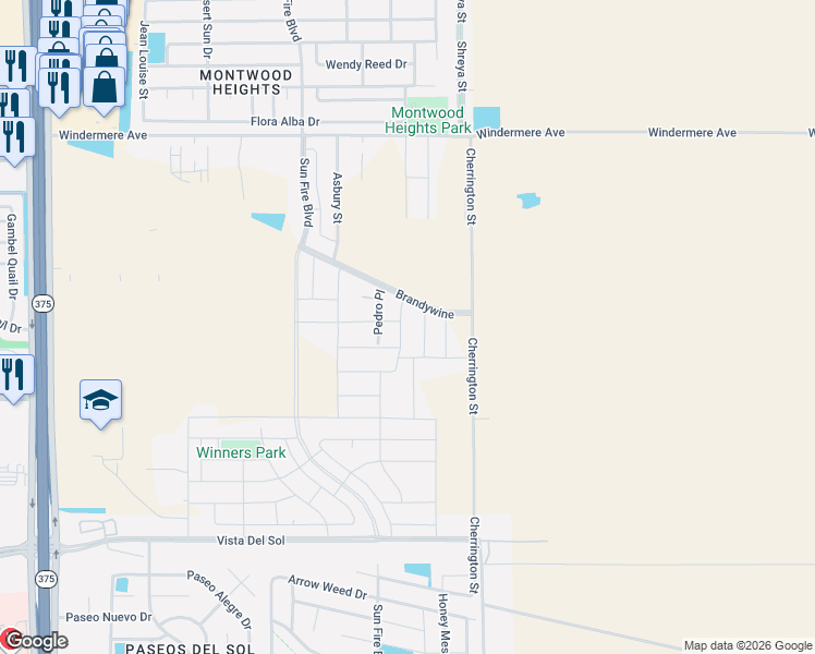 map of restaurants, bars, coffee shops, grocery stores, and more near Brandywine in El Paso