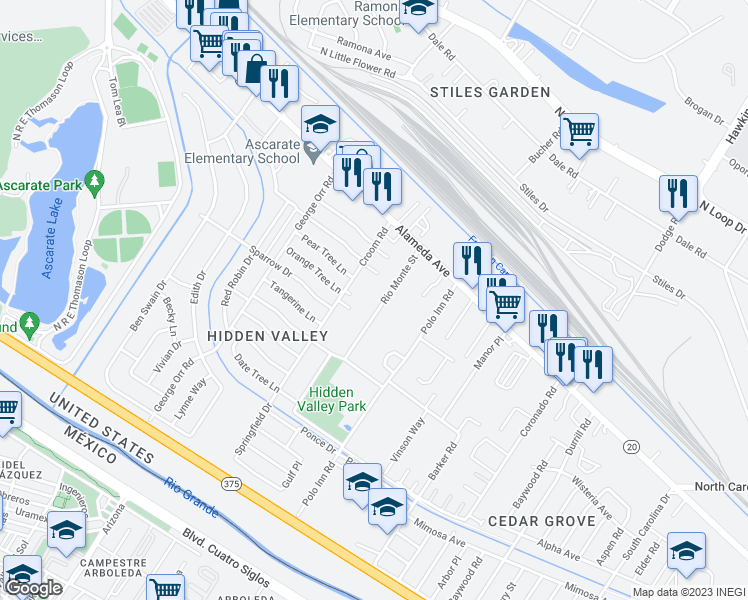 map of restaurants, bars, coffee shops, grocery stores, and more near 137 Rio Monte Street in El Paso