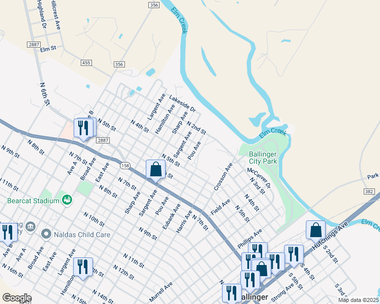map of restaurants, bars, coffee shops, grocery stores, and more near 302 Pou Avenue in Ballinger