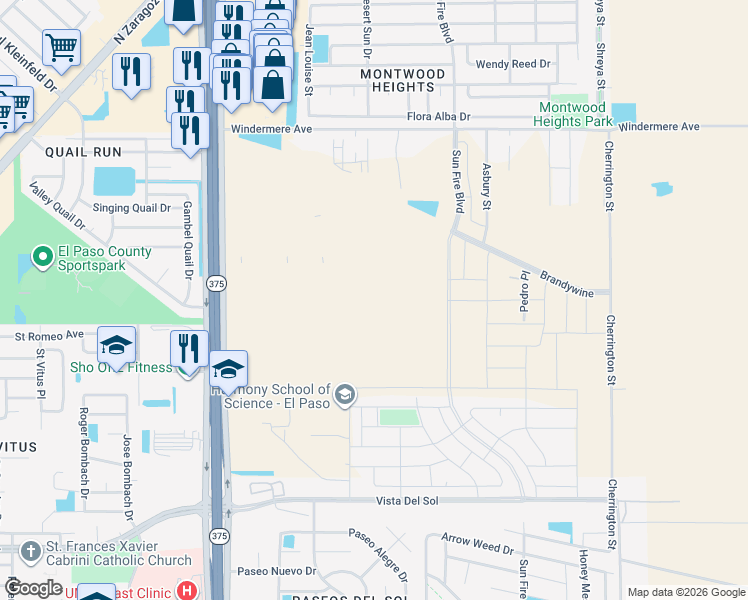 map of restaurants, bars, coffee shops, grocery stores, and more near Fairglade in El Paso