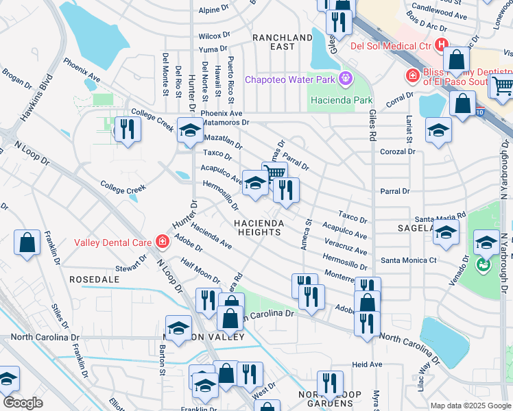 map of restaurants, bars, coffee shops, grocery stores, and more near 7530 Acapulco Avenue in El Paso