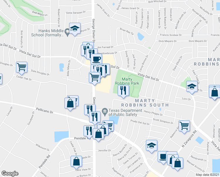 map of restaurants, bars, coffee shops, grocery stores, and more near 11530 Vista Del Sol Drive in El Paso