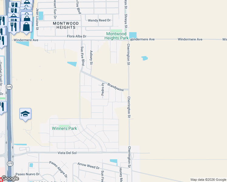map of restaurants, bars, coffee shops, grocery stores, and more near Brandywine in El Paso