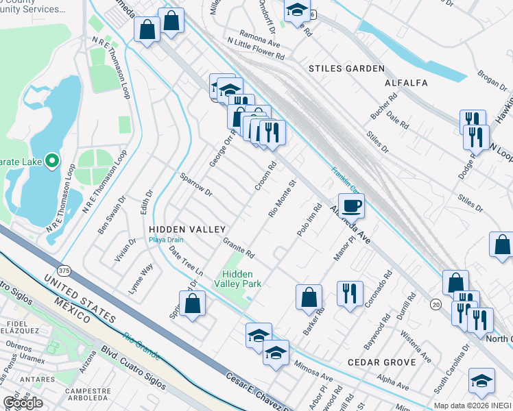 map of restaurants, bars, coffee shops, grocery stores, and more near 137 Rio Monte Street in El Paso