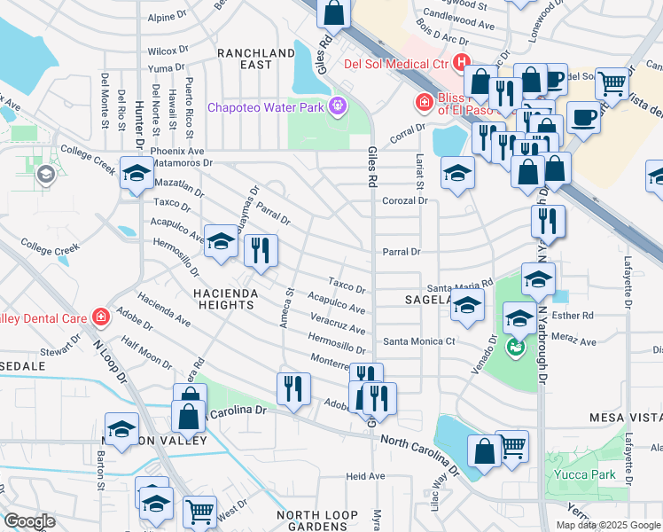map of restaurants, bars, coffee shops, grocery stores, and more near 7714 Mazatlan Drive in El Paso