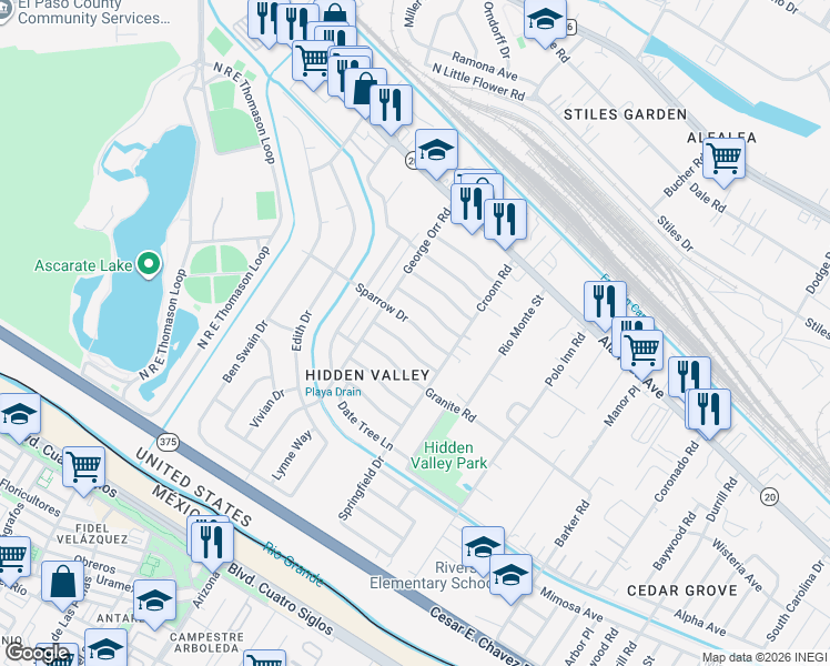 map of restaurants, bars, coffee shops, grocery stores, and more near 7128 Sparrow Dr in El Paso