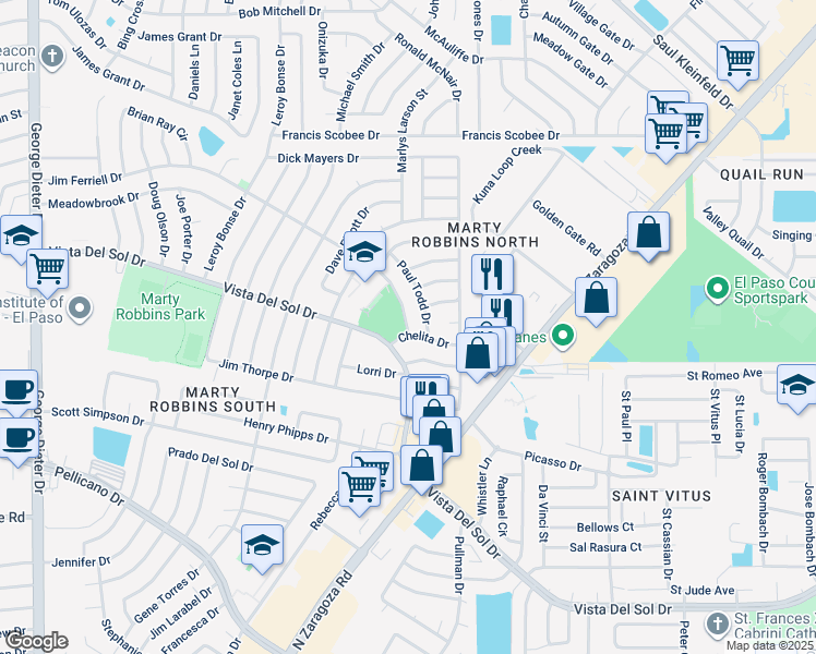 map of restaurants, bars, coffee shops, grocery stores, and more near 11880 Jim Ferriell Drive in El Paso