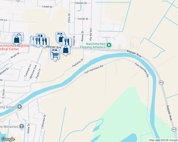map of restaurants, bars, coffee shops, grocery stores, and more near 633 Fish Hatchery Road in Natchitoches