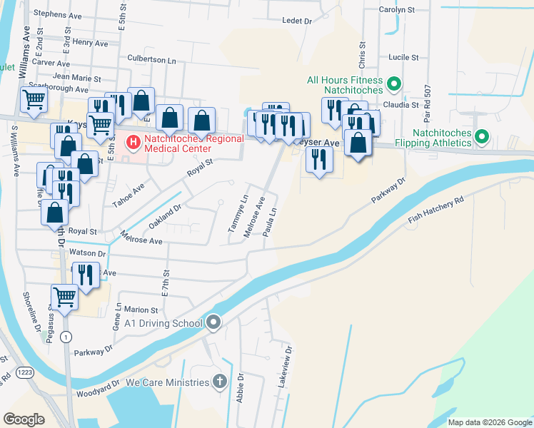map of restaurants, bars, coffee shops, grocery stores, and more near 201-299 Melrose Avenue in Natchitoches