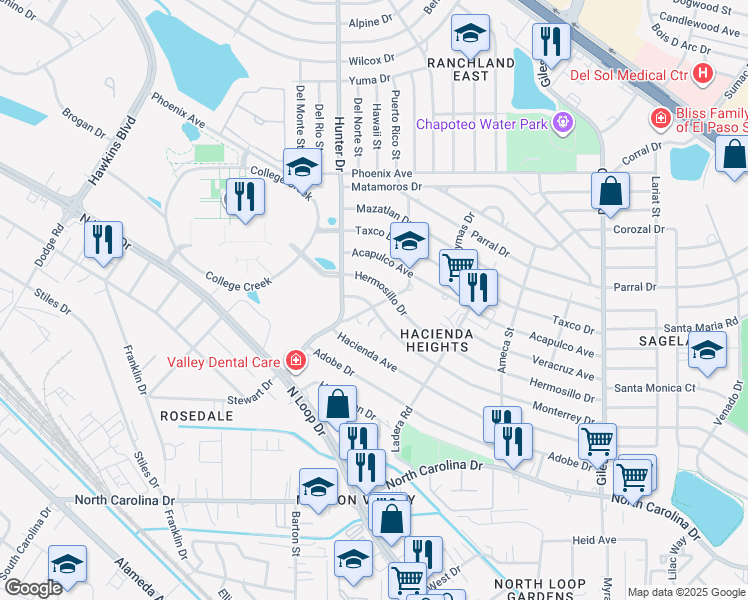 map of restaurants, bars, coffee shops, grocery stores, and more near 7513 Monterrey Drive in El Paso