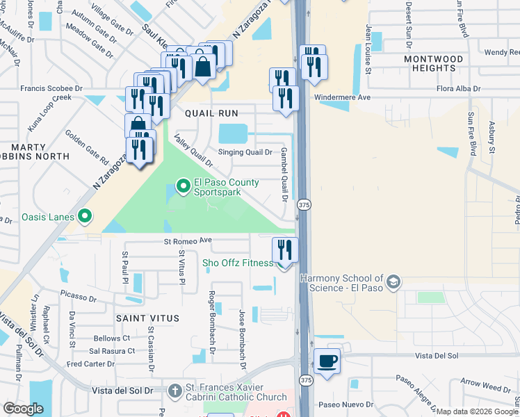 map of restaurants, bars, coffee shops, grocery stores, and more near 12158 Valley Quail Drive in El Paso