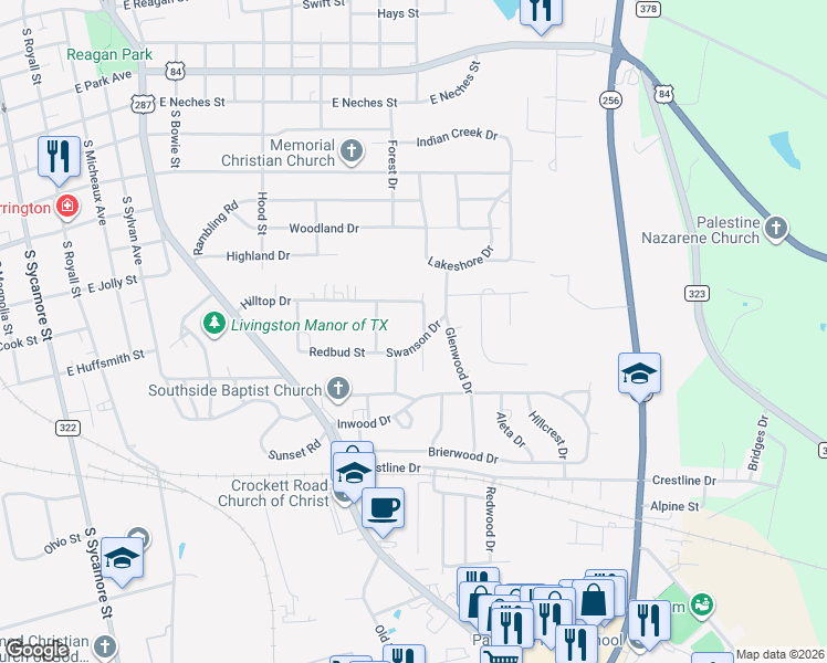 map of restaurants, bars, coffee shops, grocery stores, and more near 107 Redland Lane in Palestine