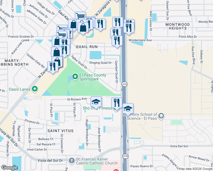 map of restaurants, bars, coffee shops, grocery stores, and more near 12158 Valley Quail Drive in El Paso