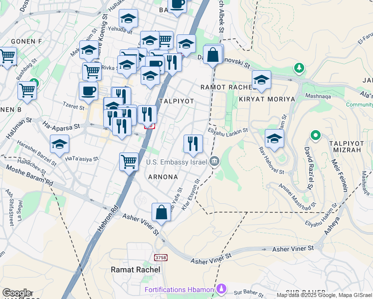 map of restaurants, bars, coffee shops, grocery stores, and more near Kore HaDorot Street in Jerusalem