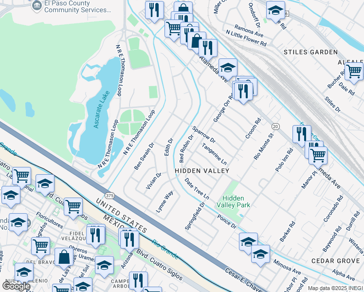 map of restaurants, bars, coffee shops, grocery stores, and more near 241 Red Robin Drive in El Paso