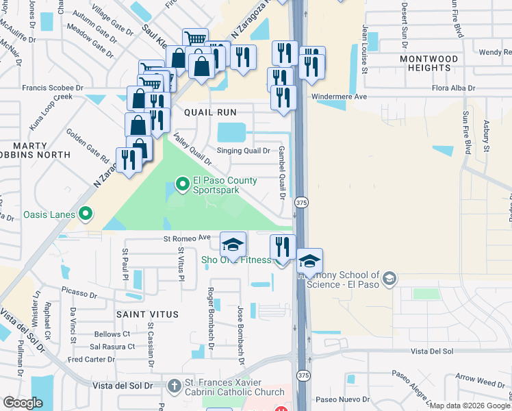 map of restaurants, bars, coffee shops, grocery stores, and more near 12158 Valley Quail Drive in El Paso
