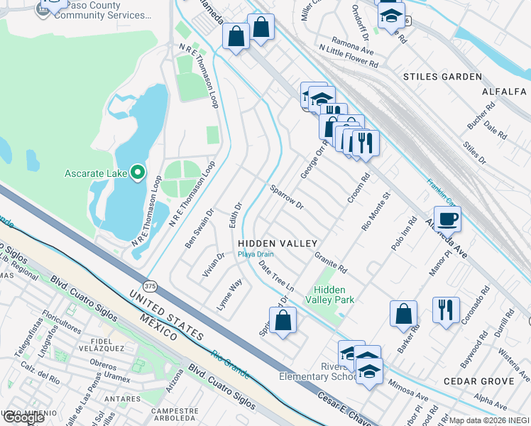 map of restaurants, bars, coffee shops, grocery stores, and more near 241 Red Robin Drive in El Paso