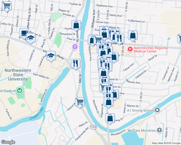 map of restaurants, bars, coffee shops, grocery stores, and more near 123 South Williams Avenue in Natchitoches