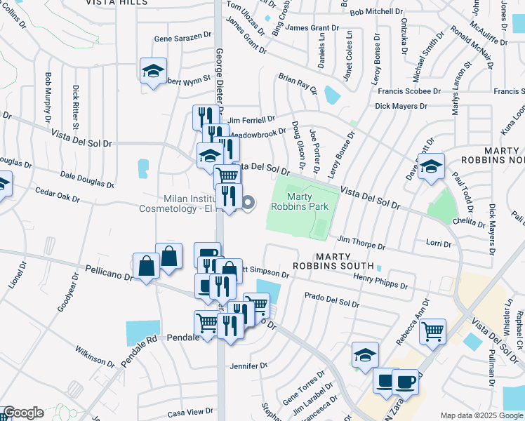 map of restaurants, bars, coffee shops, grocery stores, and more near 11530 Vista Del Sol Drive in El Paso