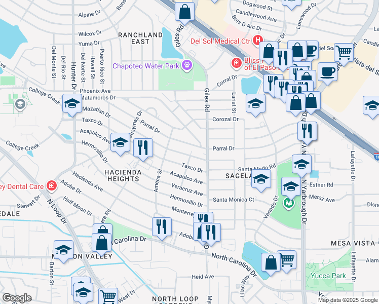 map of restaurants, bars, coffee shops, grocery stores, and more near 7714 Mazatlan Drive in El Paso