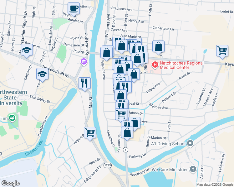 map of restaurants, bars, coffee shops, grocery stores, and more near 120 South Drive in Natchitoches