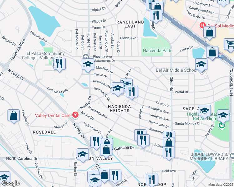 map of restaurants, bars, coffee shops, grocery stores, and more near 7530 Acapulco Avenue in El Paso