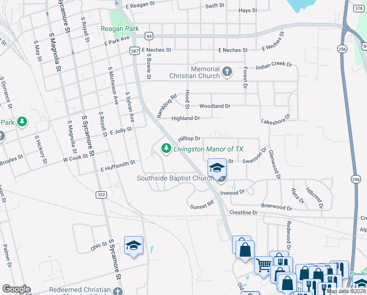 map of restaurants, bars, coffee shops, grocery stores, and more near 901 Wright Drive in Palestine